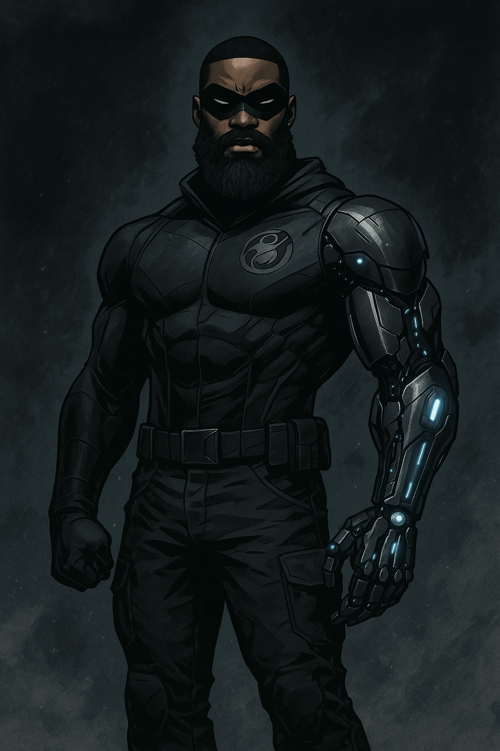 The Amped Engineer — Jonathan Freeman's cybernetic alter-ego in dark armor with a mechanical left arm
